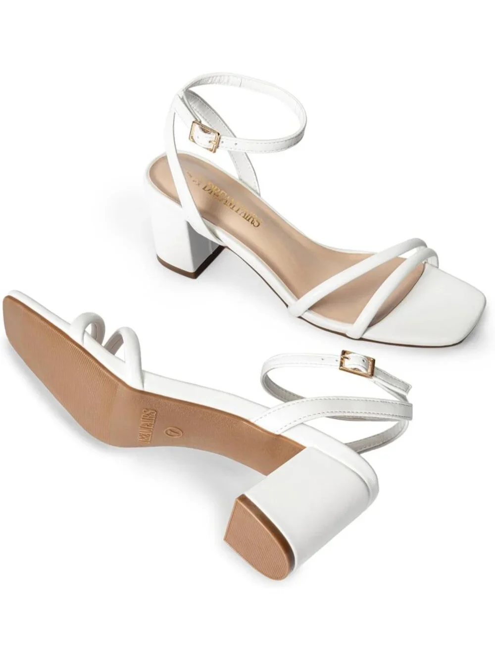 Women's White Faux Leather Square-Toe Chunky Block Ankle Buckle Heeled Sandals
